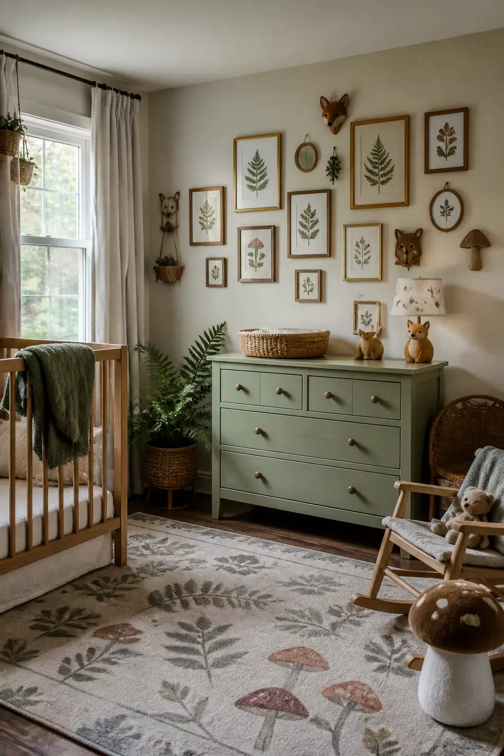 Enchanted forest nursery with sage green dresser, botanical print gallery wall, woodland rug, and natural wood crib.