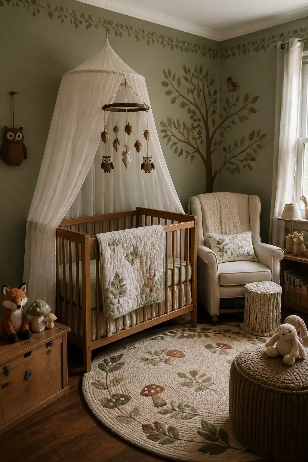 Enchanted forest nursery with sheer crib canopy, owl mobile, sage green tree mural, and woodland rug