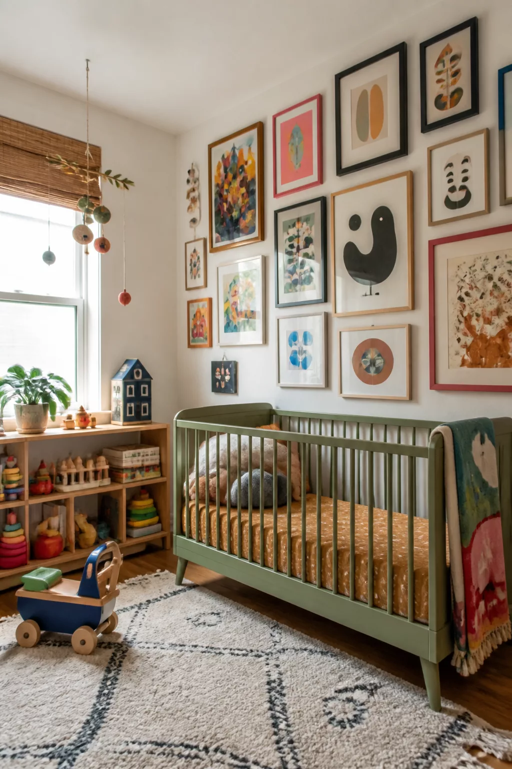 Funky nursery with maximalist gallery wall, sage green crib, mixed frames, and colorful art prints