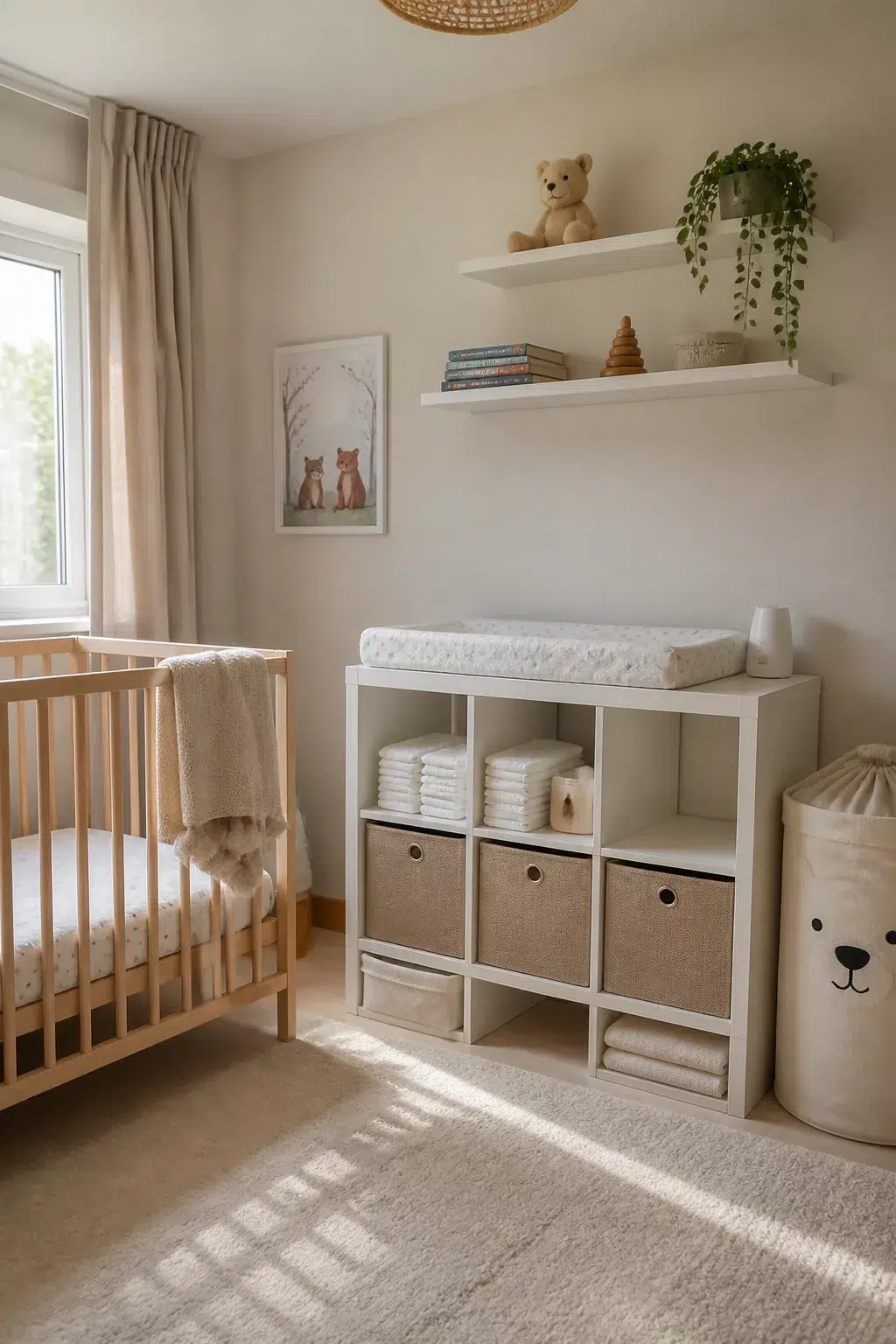 White IKEA KALLAX nursery changing station with woven storage bins, floating shelves, and natural wood crib