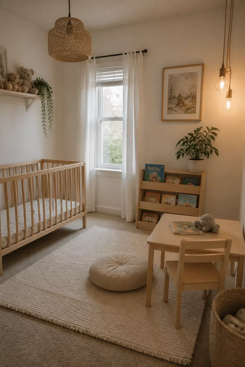 IKEA nursery with FLISAT children's table, natural wood crib, woven pendant light, and low bookshelf