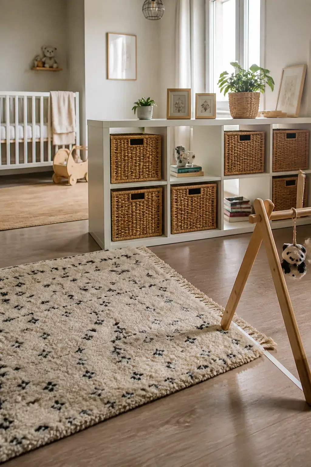 IKEA nursery with white KALLAX cube shelves, wicker baskets, baby play gym, and Berber rug on hardwood floor