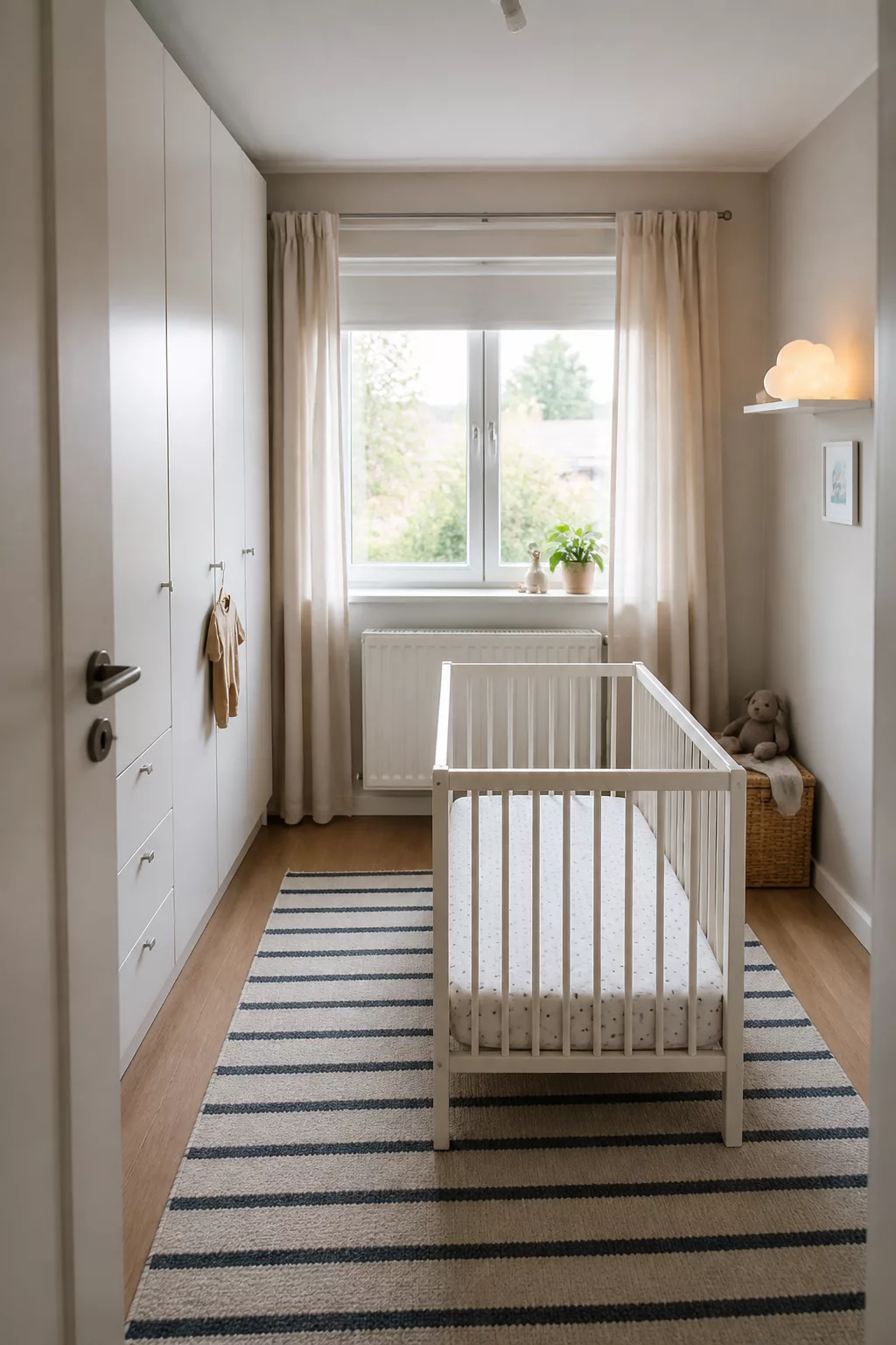Narrow IKEA nursery with SPJUT floor-to-ceiling wardrobe, white crib, and navy stripe rug on oak floors.