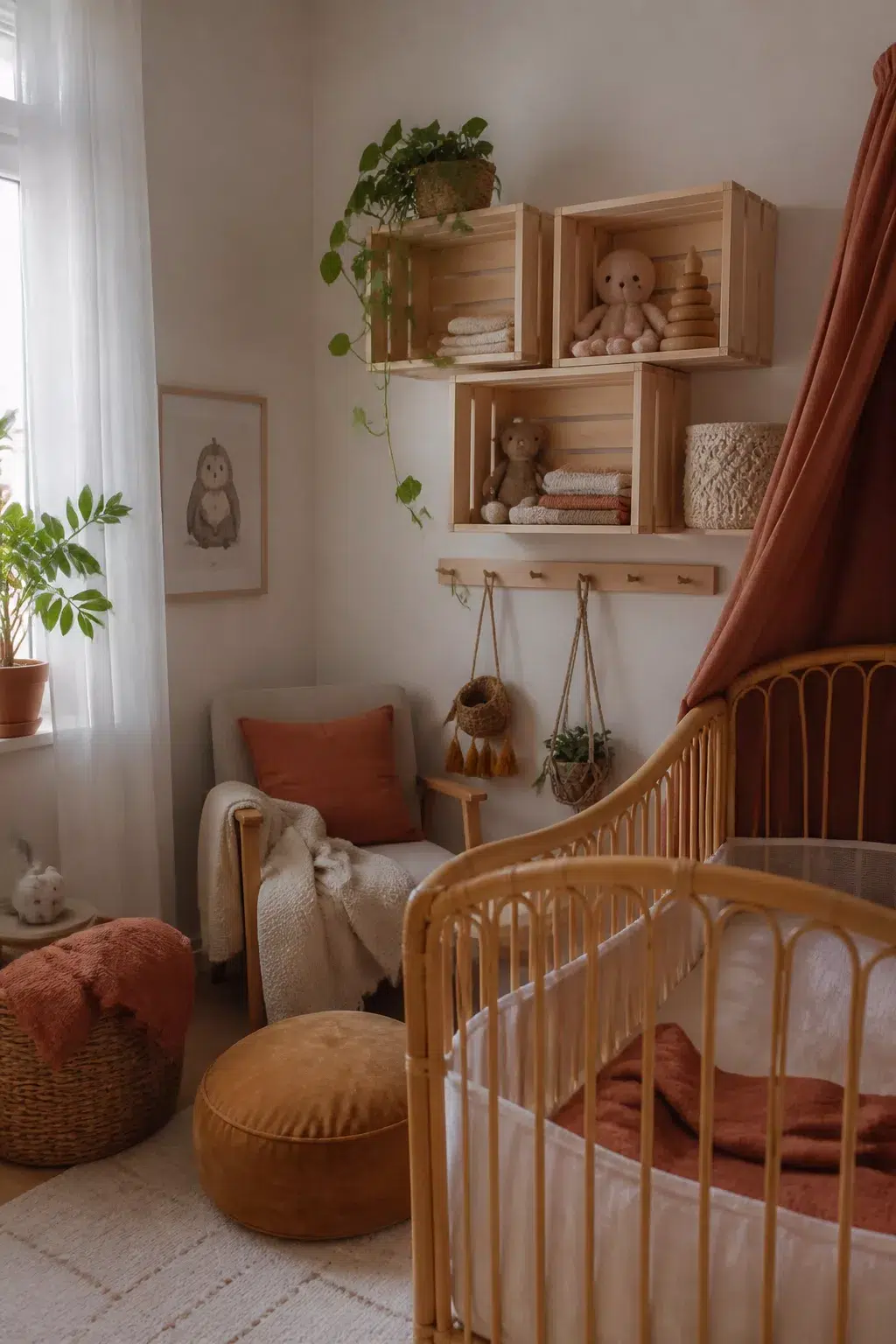 Boho IKEA nursery with terracotta tones, rattan crib, wall-mounted crate shelves, and canopy