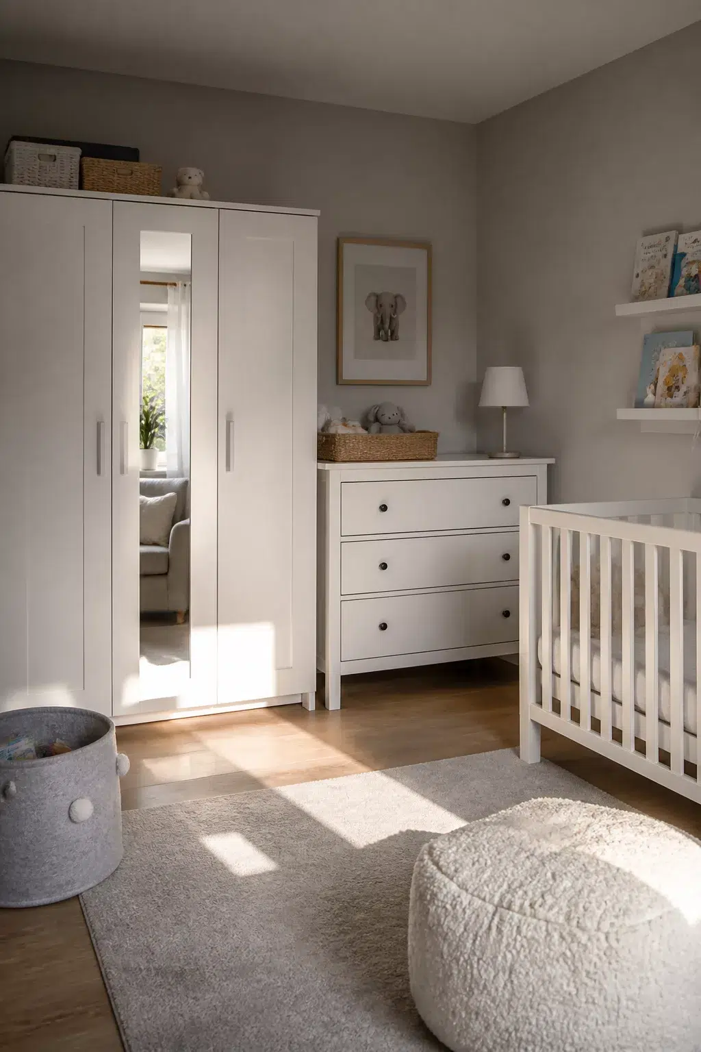 IKEA nursery with BRIMNES mirrored wardrobe, HEMNES dresser, white crib, and warm gray walls