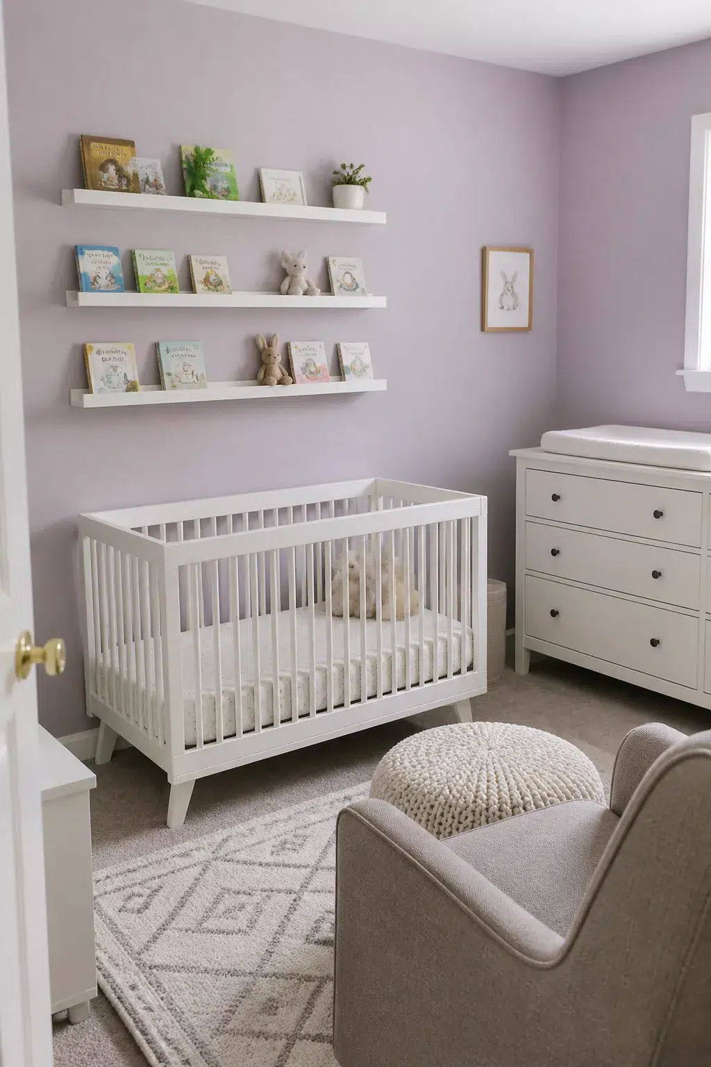 Lavender IKEA nursery with LACK floating shelves displaying board books above a white crib