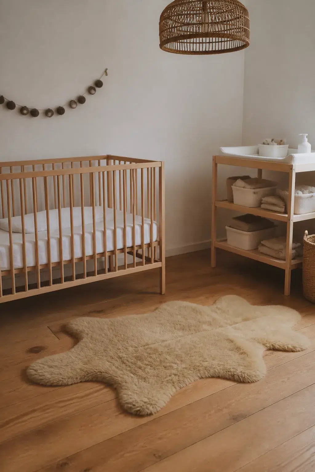 IKEA nursery with rattan pendant light, natural wood SNIGLAR crib, open changing shelf, and sheepskin rug