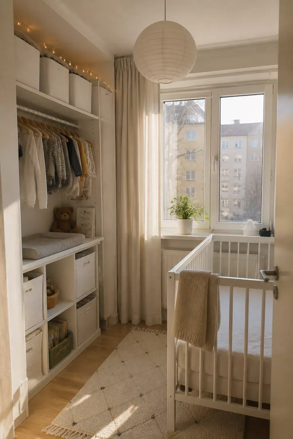 Small IKEA nursery with PLATSA open shelving, fairy lights, white crib, and cream decor near a bright window