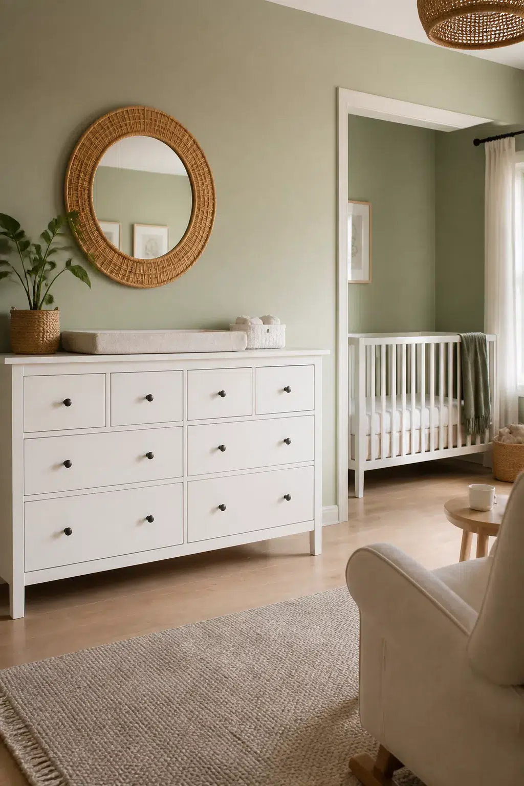 IKEA nursery with white HEMNES dresser as changing table against sage green walls with rattan mirror