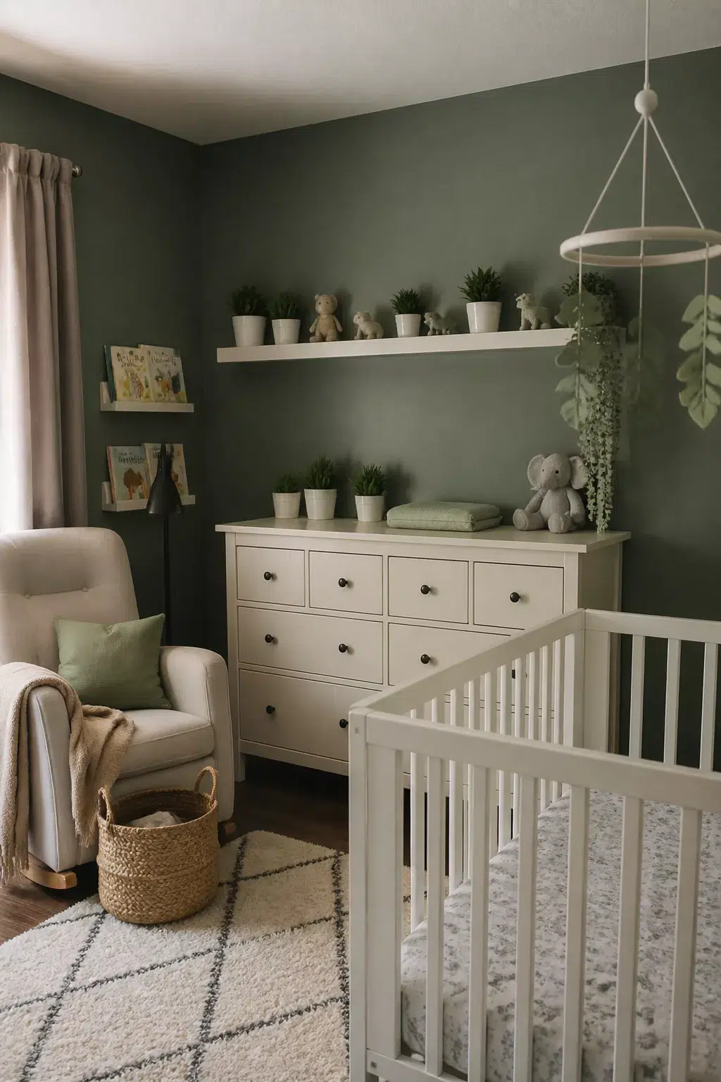 IKEA nursery with FEJKA faux plants on floating shelf, HEMNES dresser, and sage green walls