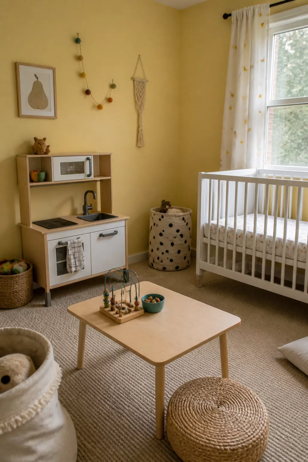 IKEA nursery with DUKTIG play kitchen, white crib, and butter yellow walls with natural wood accents