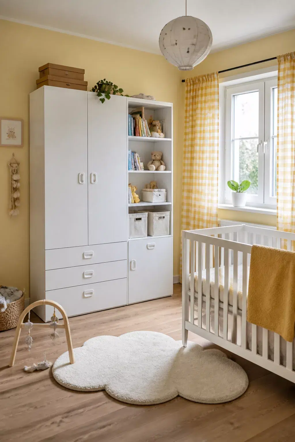 Pastel yellow IKEA nursery with STUVA wardrobe, white crib, gingham curtains, and cloud rug