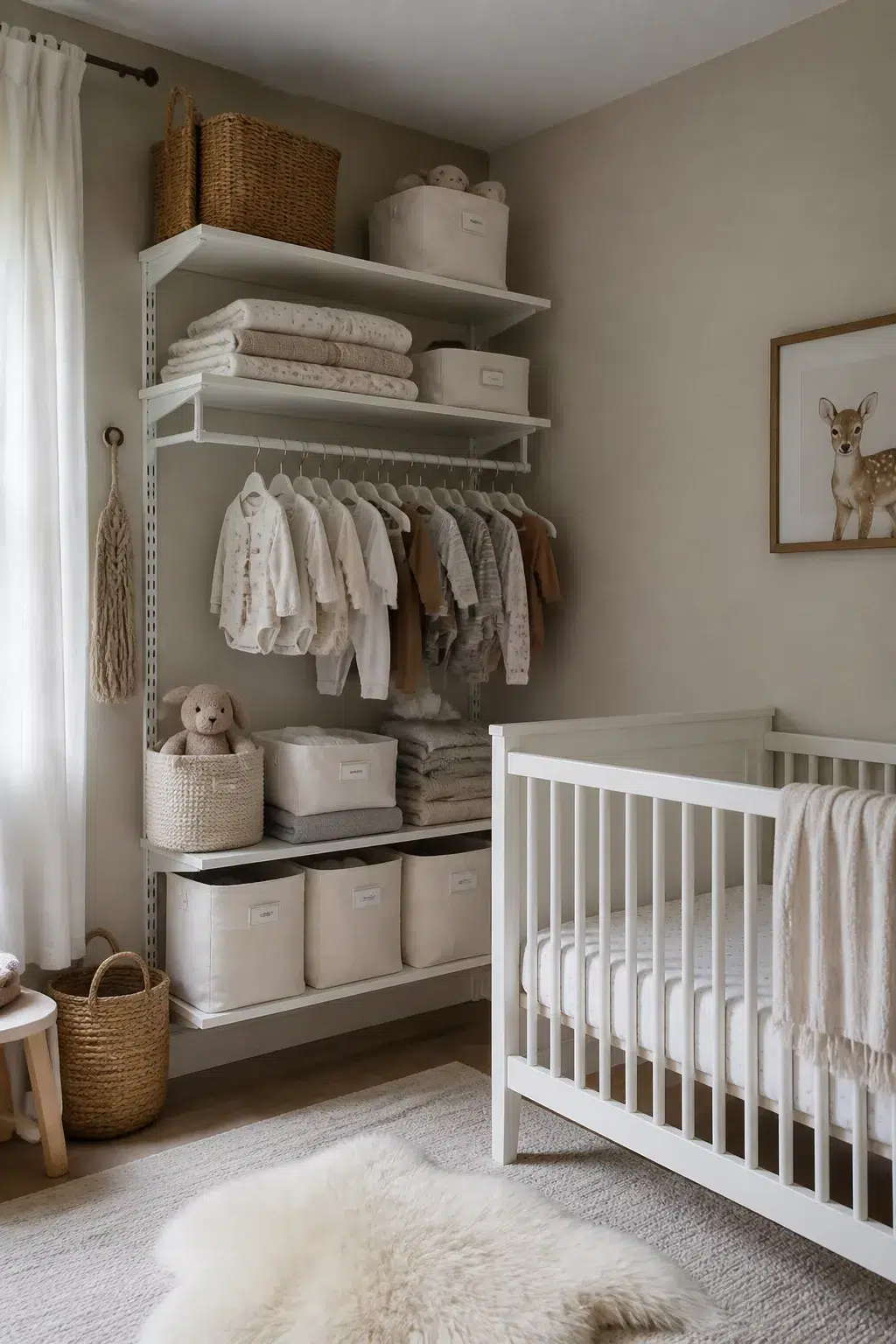 IKEA ALGOT nursery open shelving with hanging rod, linen bins, and white crib in a neutral taupe baby room