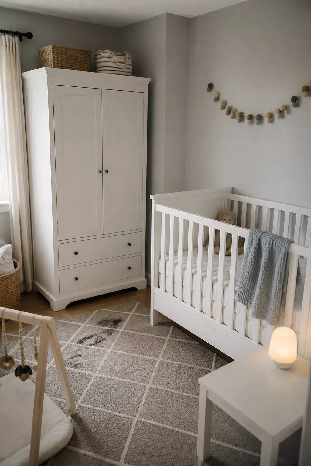 Gray IKEA nursery with HAUGA white wardrobe, white crib, felt ball garland, and neutral diamond rug