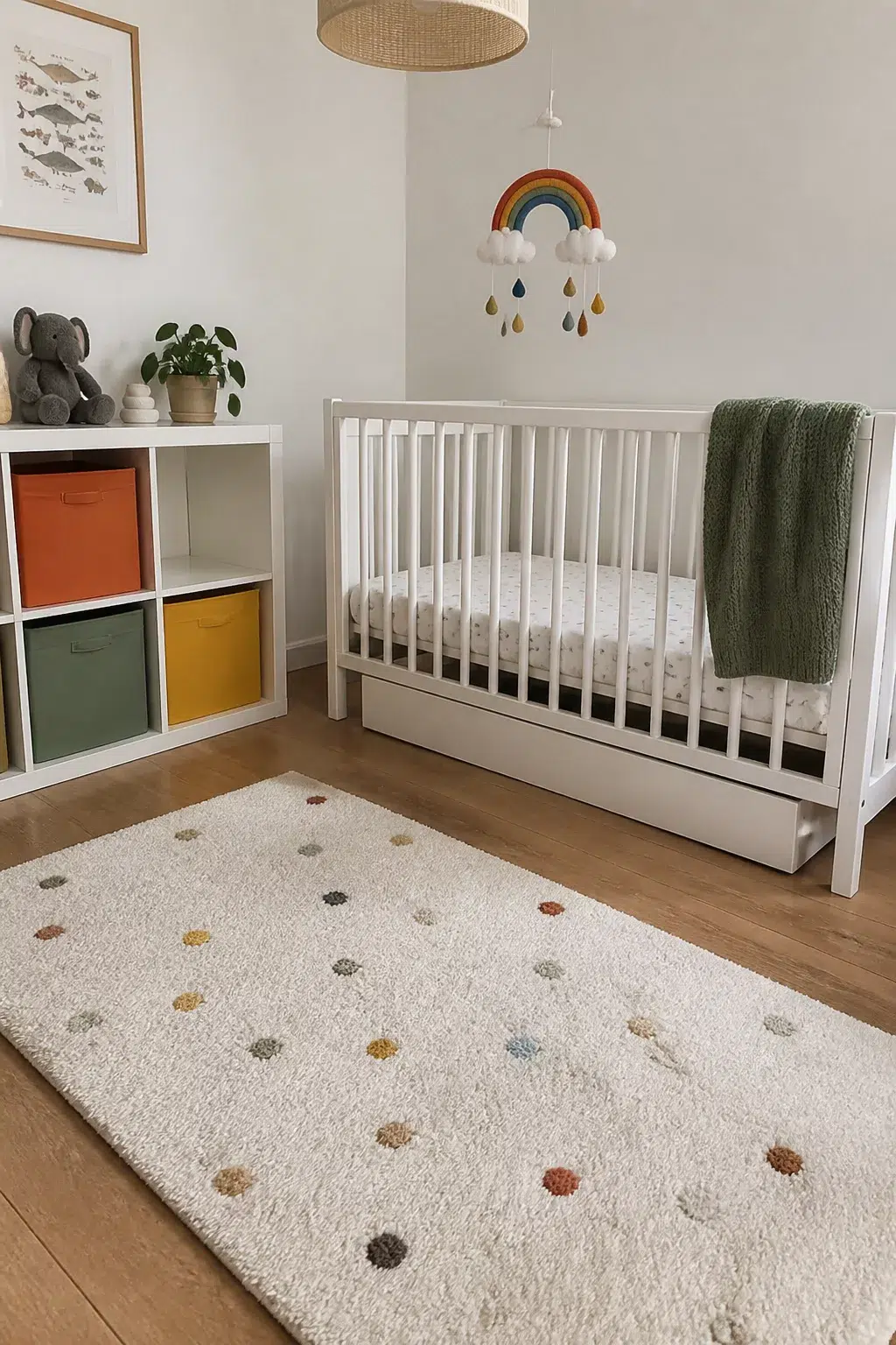 IKEA nursery with GULLIVER crib, rainbow felt mobile, and dotted cream shag rug with colorful KALLAX storage bins