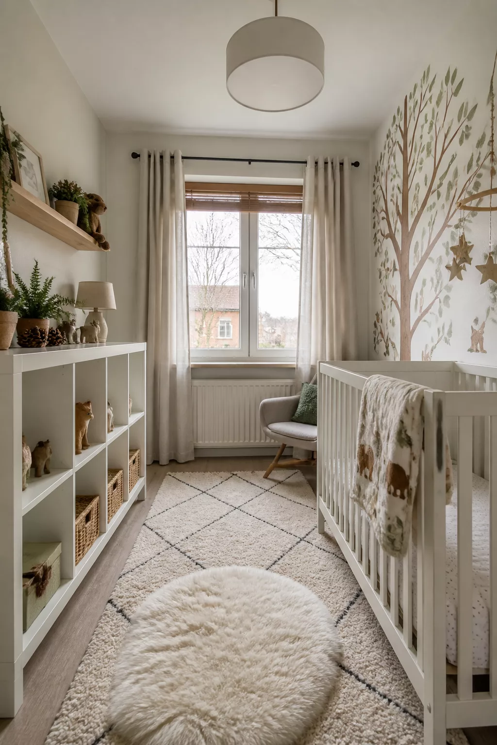 Woodland theme IKEA nursery with KALLAX shelf, wicker baskets, white crib, and tree mural wallpaper.