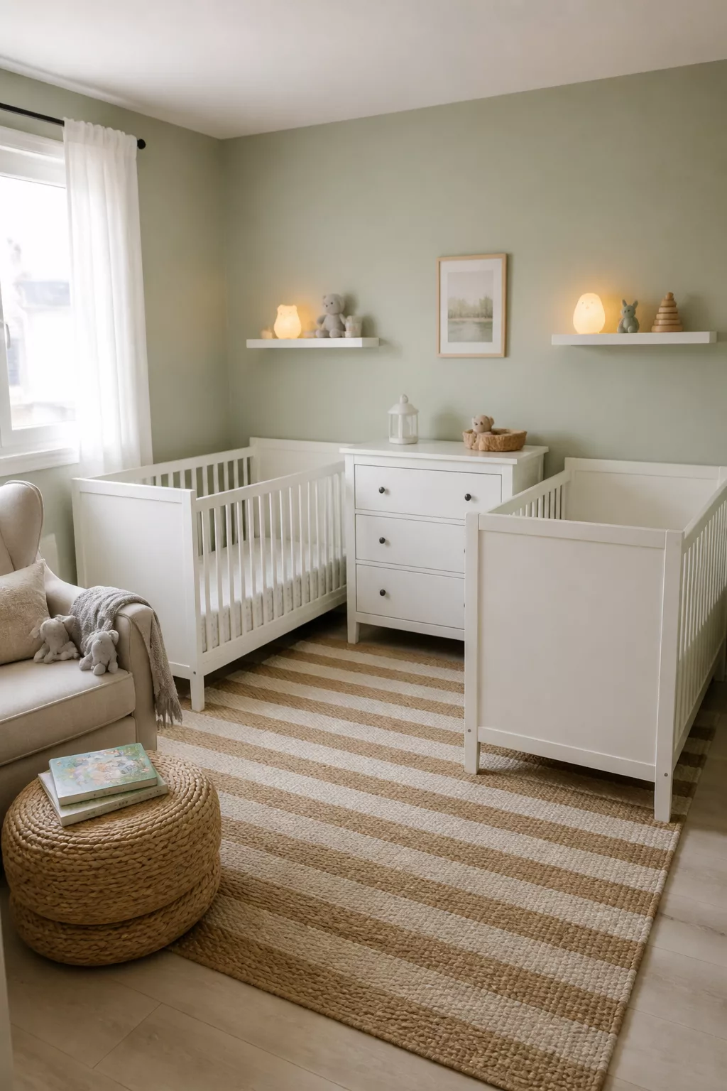 Shared IKEA nursery with two white cribs, HEMNES dresser, sage green walls, and striped jute rug