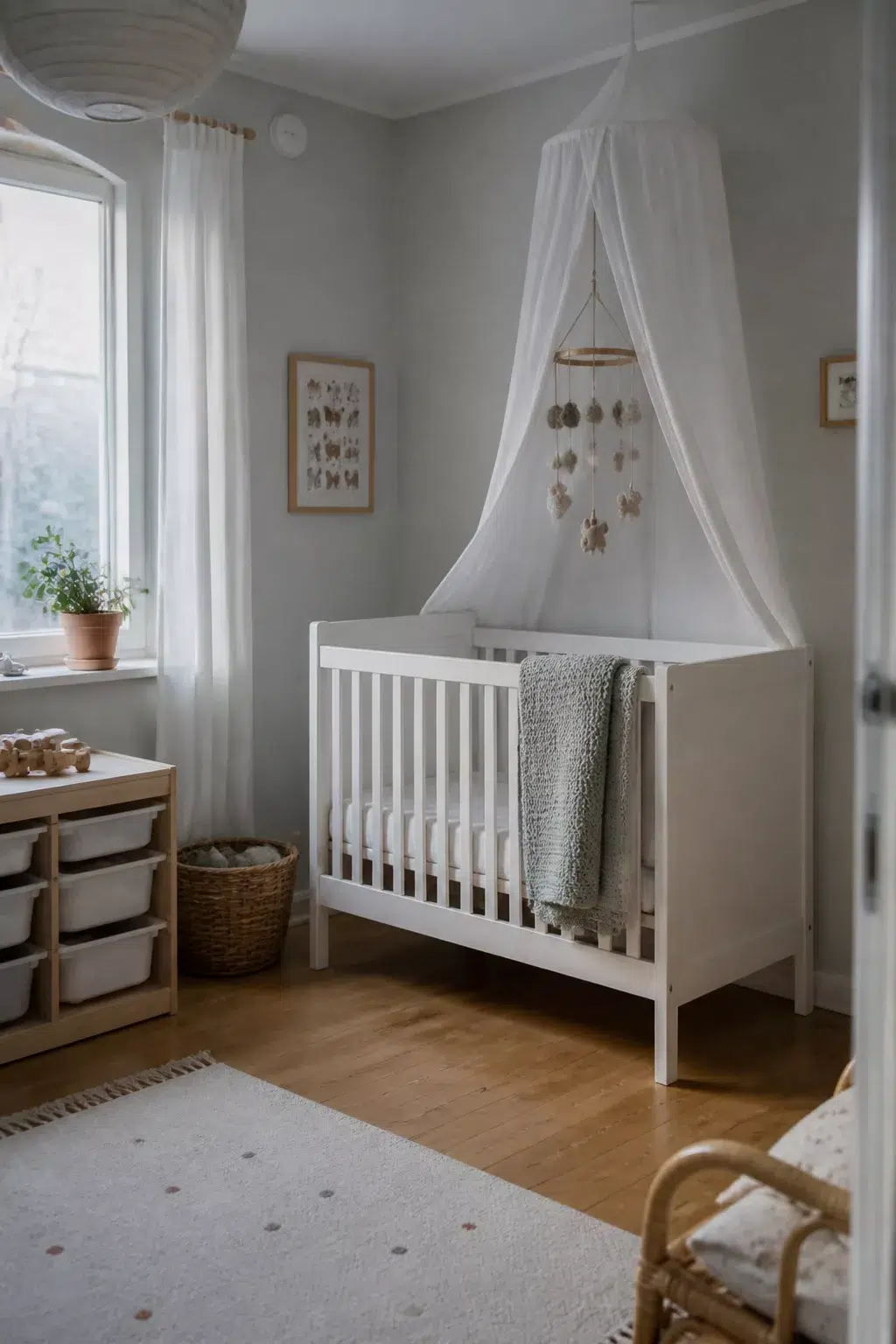 IKEA nursery with SUNDVIK white crib, sheer canopy, felt mobile, and gray walls with warm wood floors