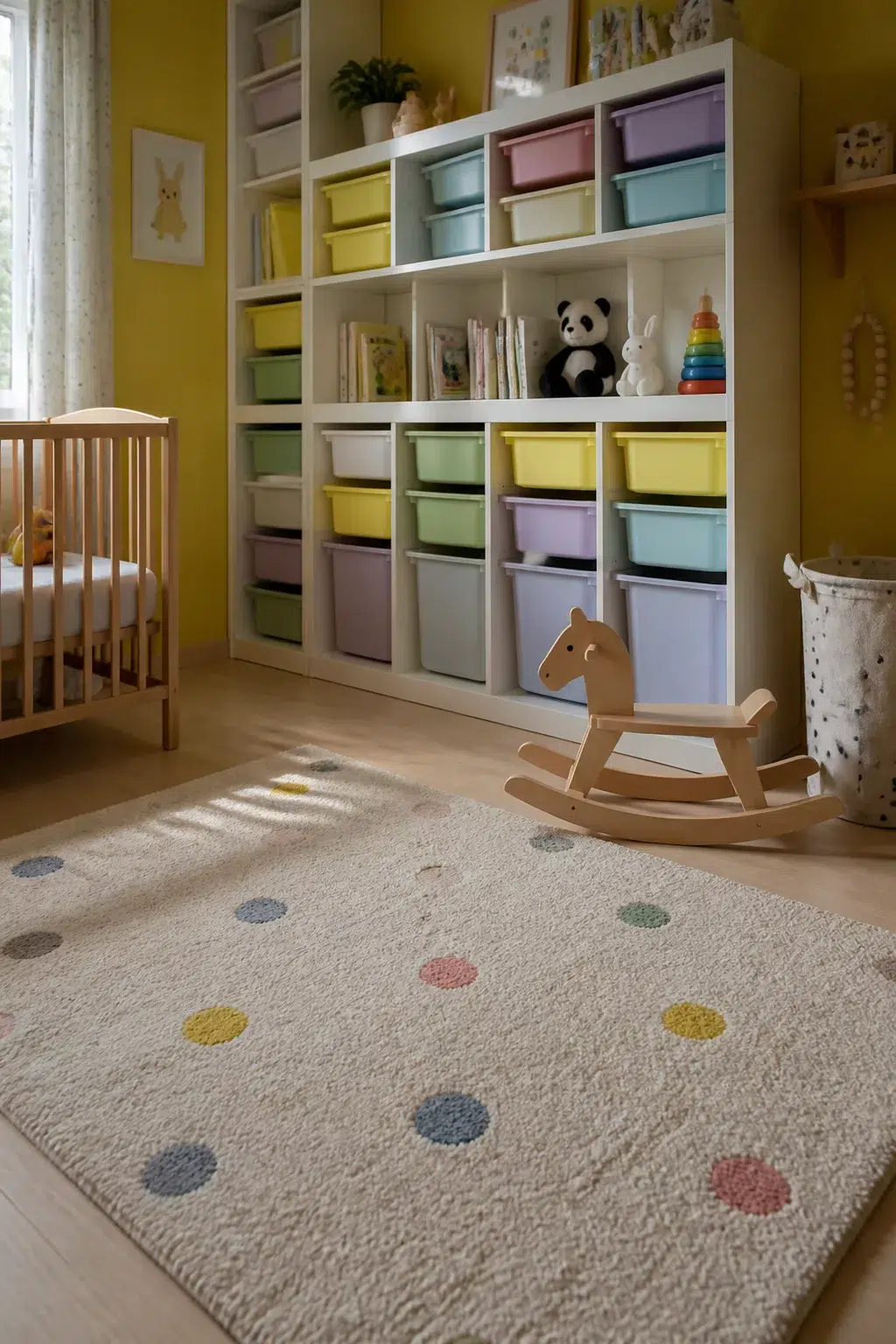 IKEA nursery with TROFAST storage wall, pastel bins, rocking horse, and polka dot rug on light wood floor