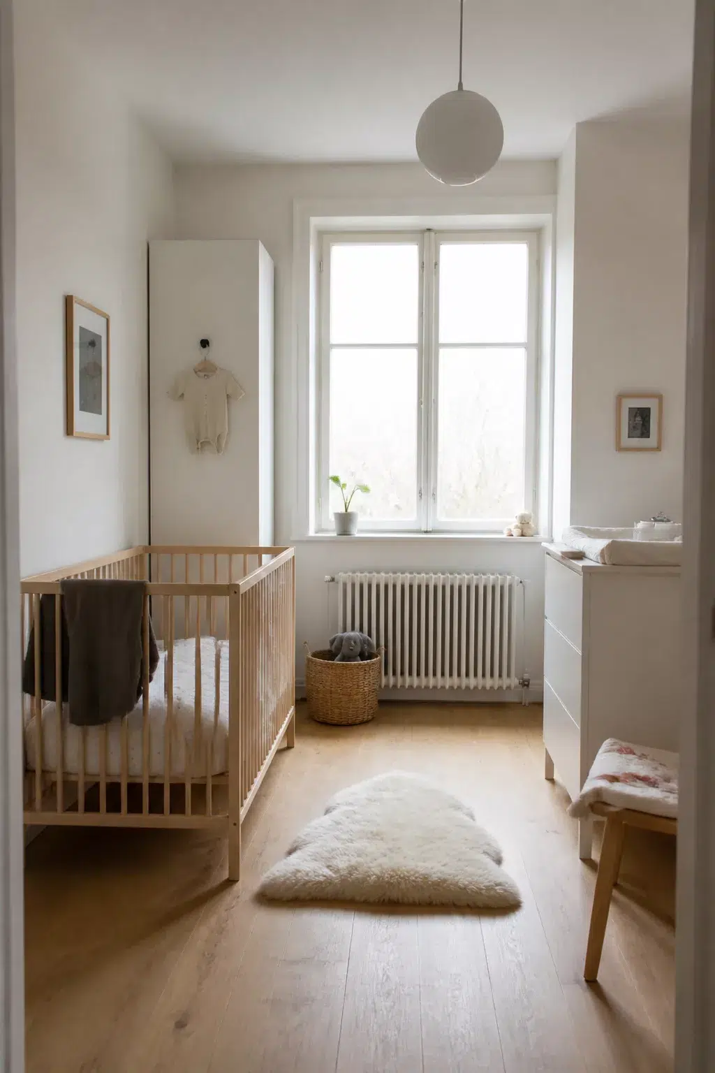 Minimalist IKEA nursery with natural birch SNIGLAR crib, sheepskin rug, and white walls