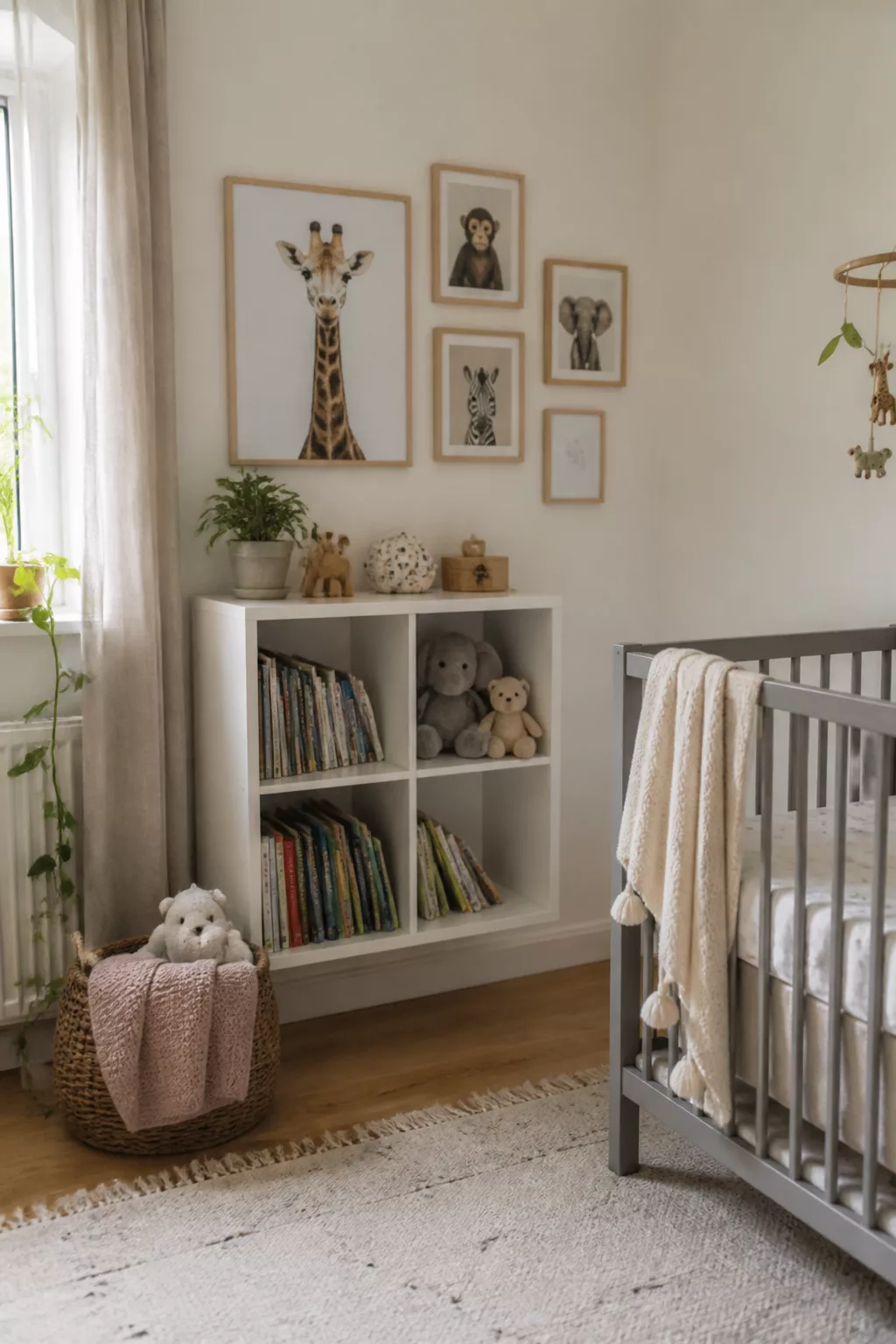 IKEA nursery with white KALLAX bookshelf, safari animal gallery wall prints, and gray crib