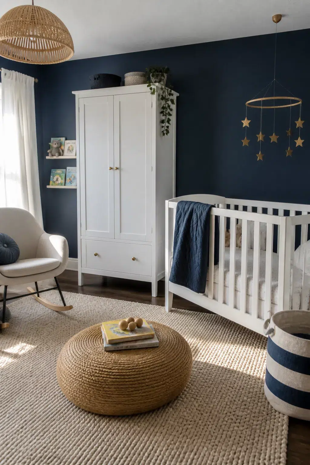 Navy blue IKEA nursery with HEMNES white wardrobe, gold star mobile, and jute rug