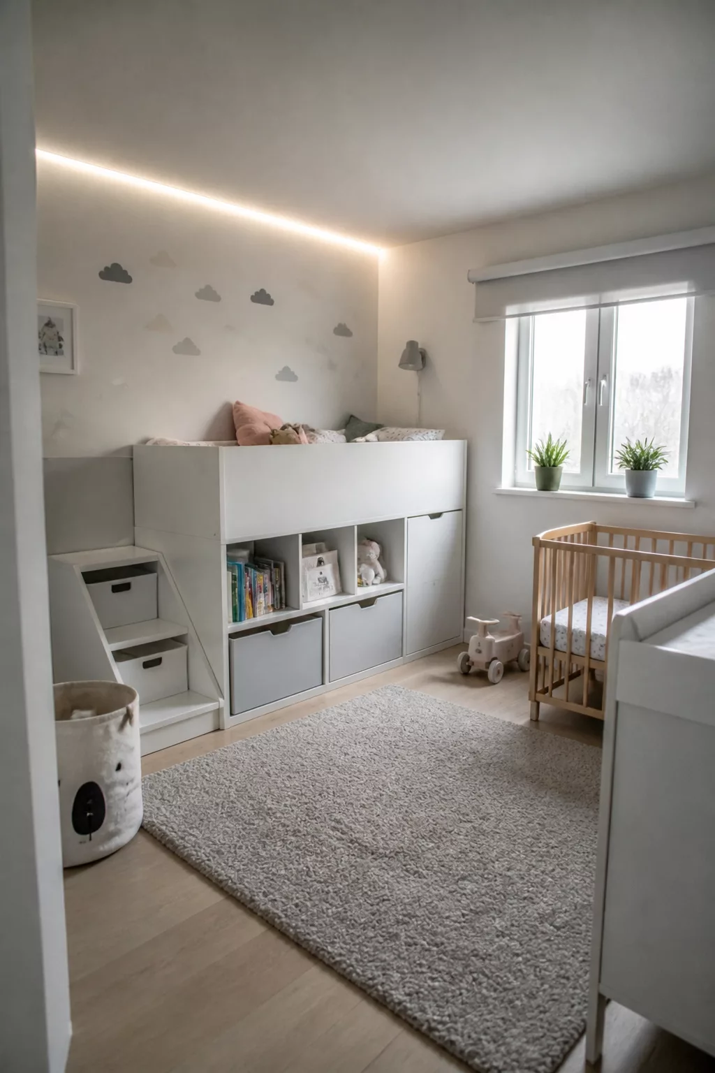 IKEA nursery with STUVA loft bed, built-in storage stairs, gray bins, and natural wood crib