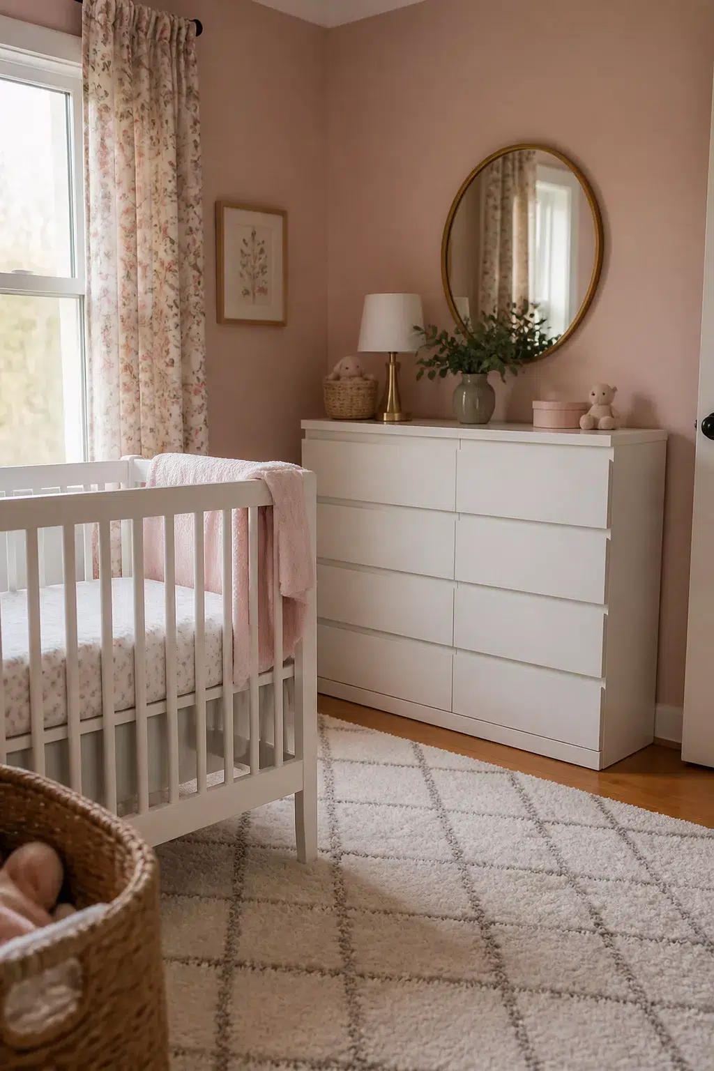 IKEA nursery with white MALM dresser, blush pink walls, gold mirror, and white crib with floral curtains