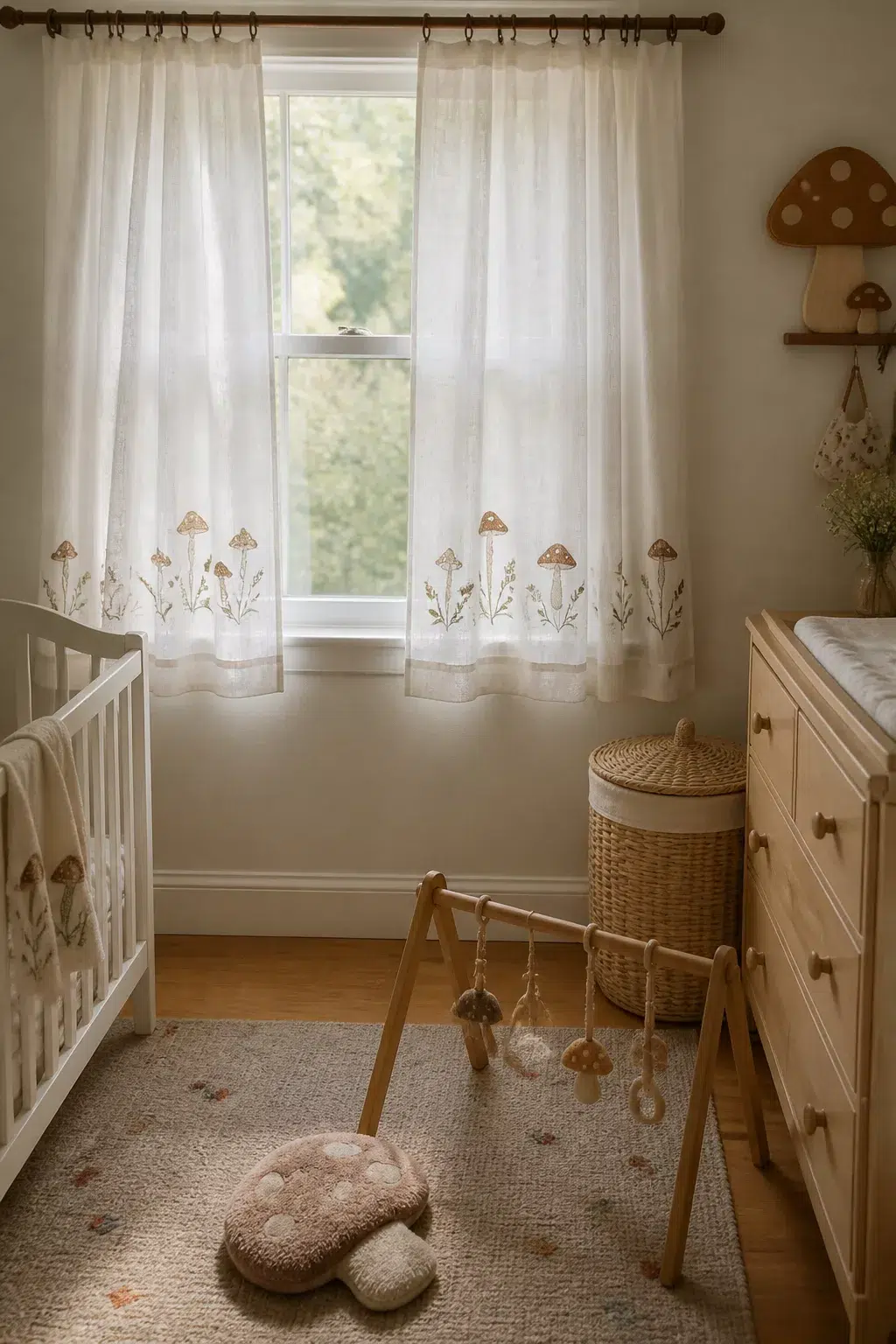 Mushroom nursery with sheer linen curtains featuring embroidered mushroom hem border, white crib, and wooden baby gym
