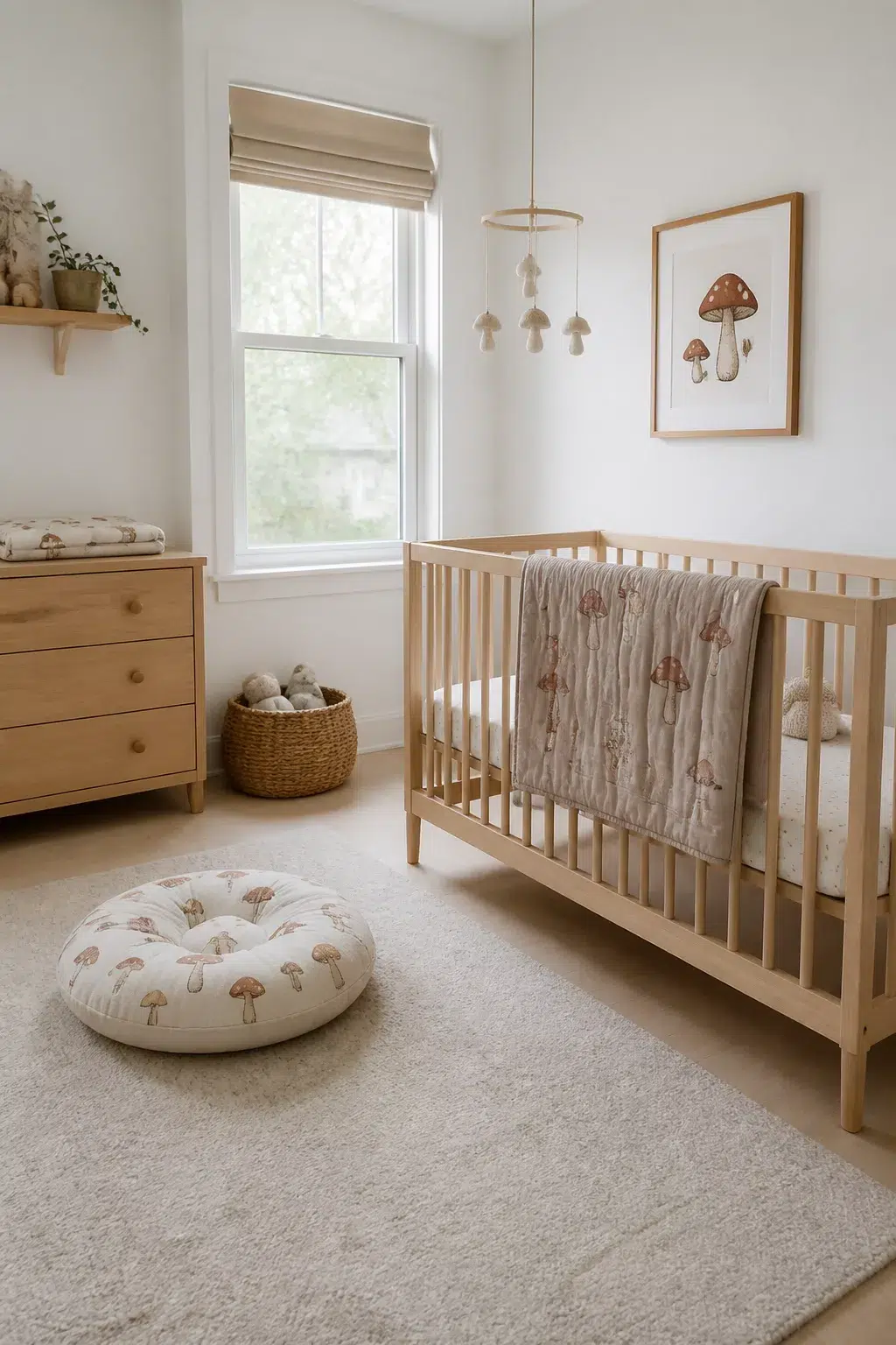 Neutral mushroom nursery with printed floor cushion, quilt, light wood crib, and cream shag rug