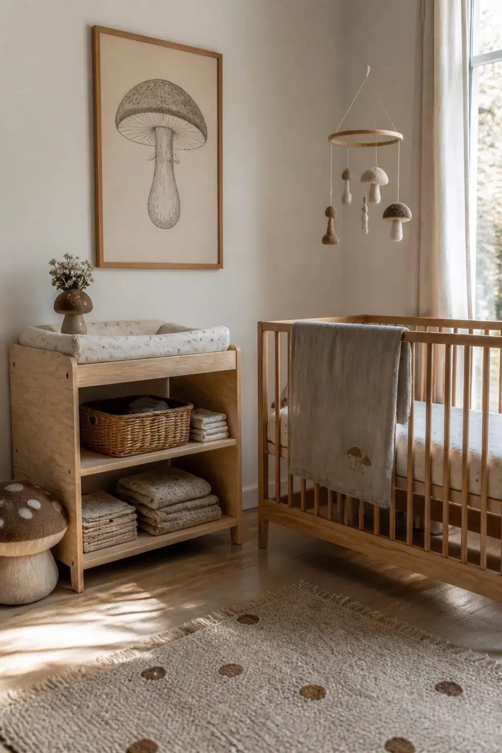 Scandi mushroom nursery with natural wood crib, mushroom mobile, dotted rug, and framed botanical print