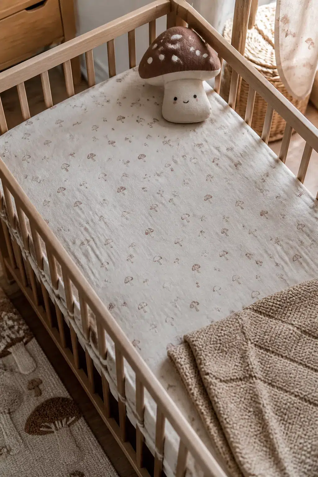 Muslin mushroom print crib sheet with chunky knit throw in a neutral wood mushroom nursery