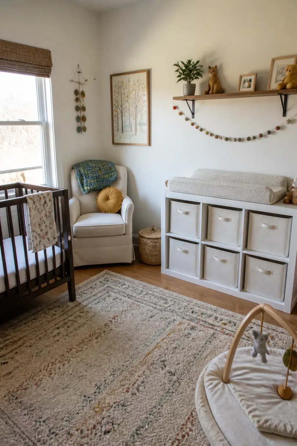 White cube shelving nursery changing table with fabric bins, felt garland, and boucle changing topper in a neutral nursery