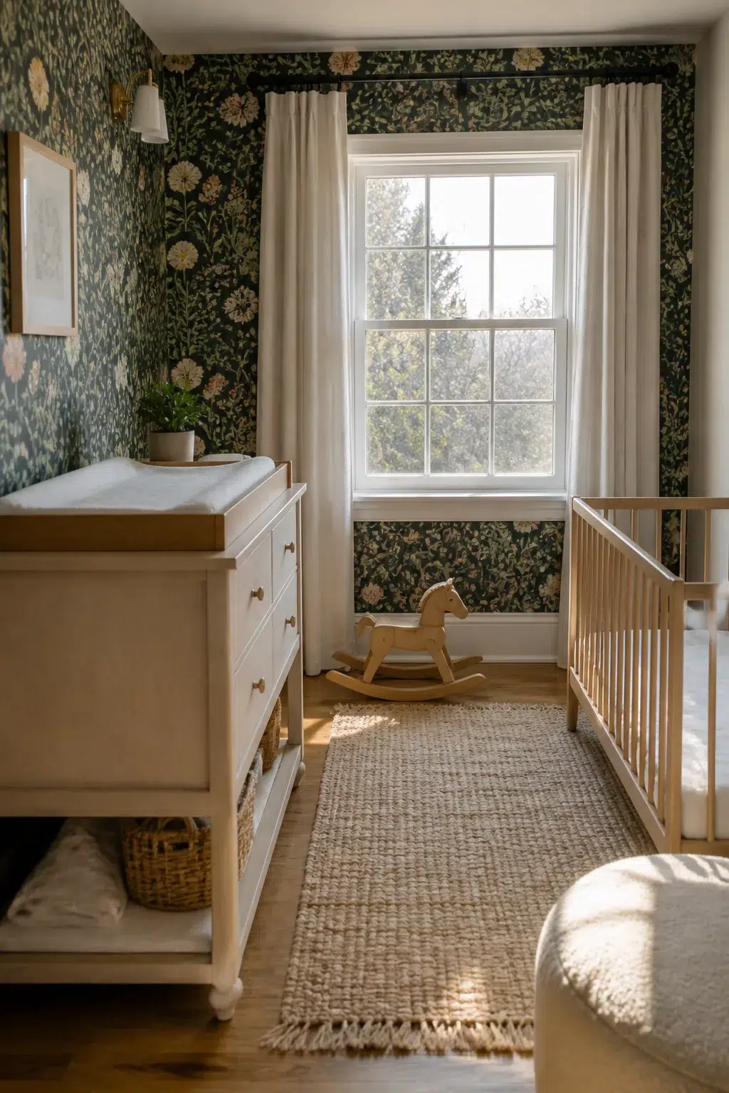 Nursery changing table dresser against dark green floral wallpaper with jute rug and light wood crib
