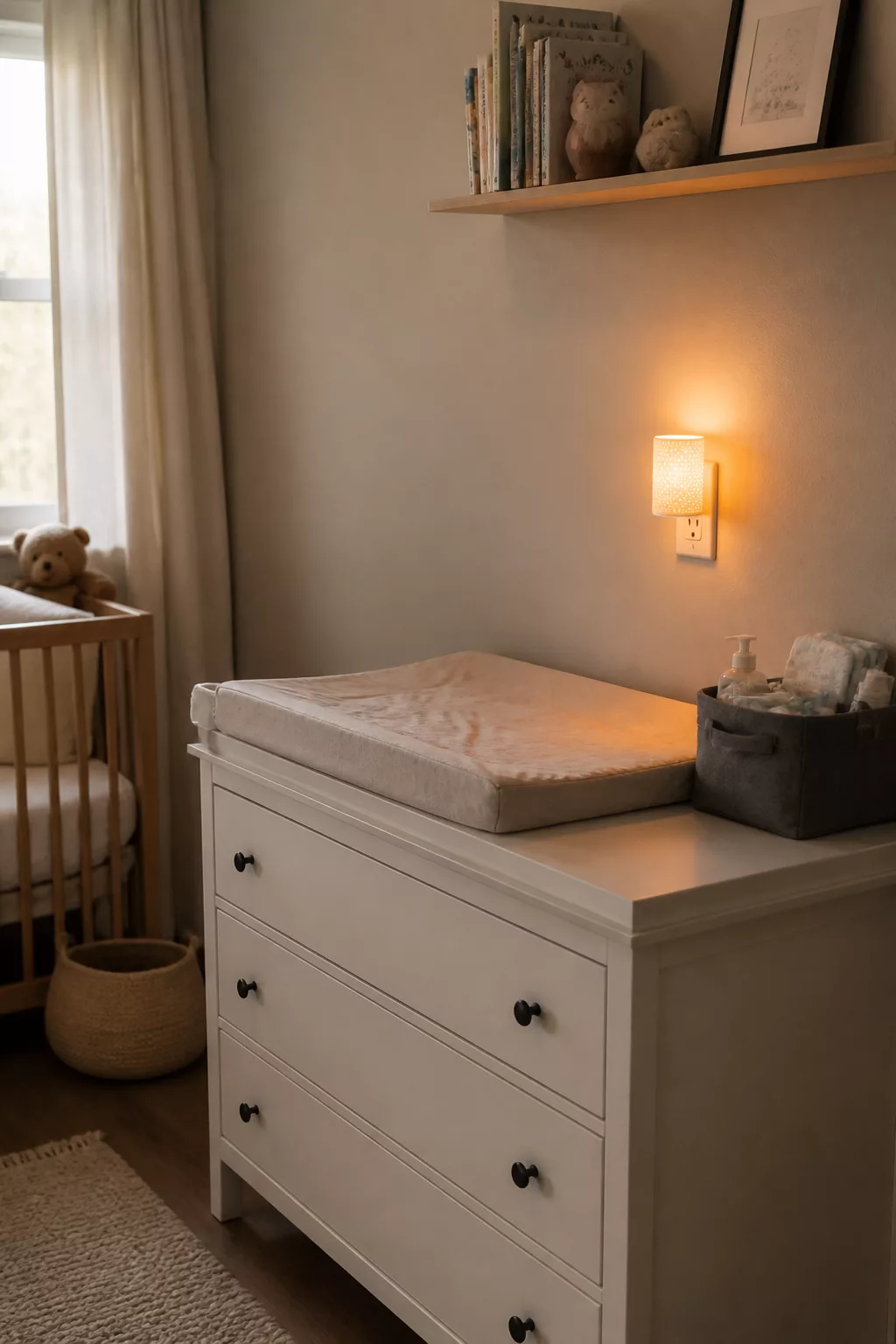 Nursery changing table with plug-in nightlight beside changing pad, white dresser base, and gray storage basket.