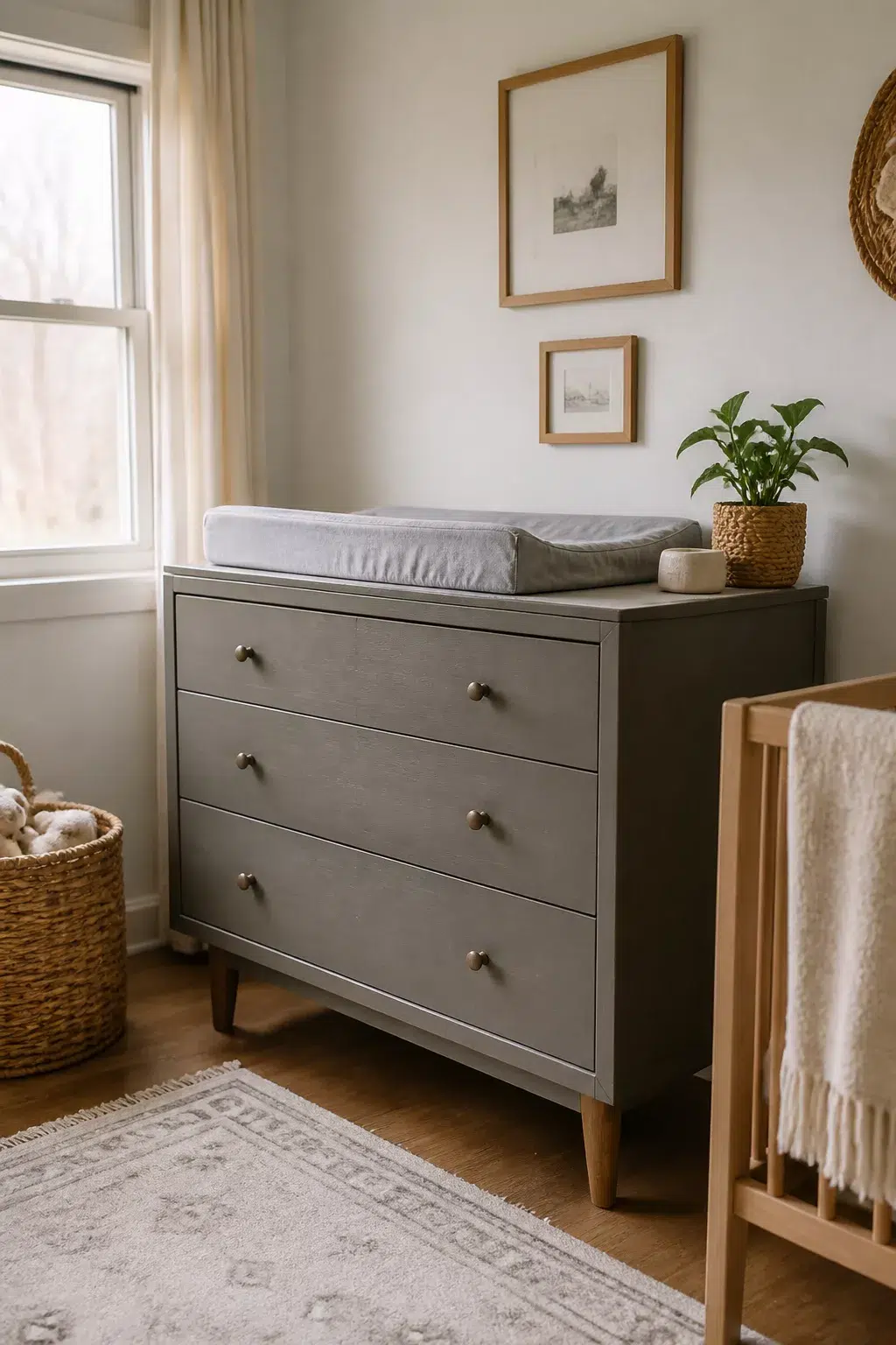 Gray mid-century dresser nursery changing table with topper, woven basket, and natural wood crib in soft neutral room