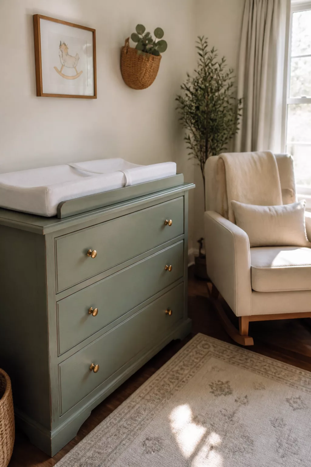 Sage green dresser used as nursery changing table with gold knob hardware, cream glider, and olive tree in natural light