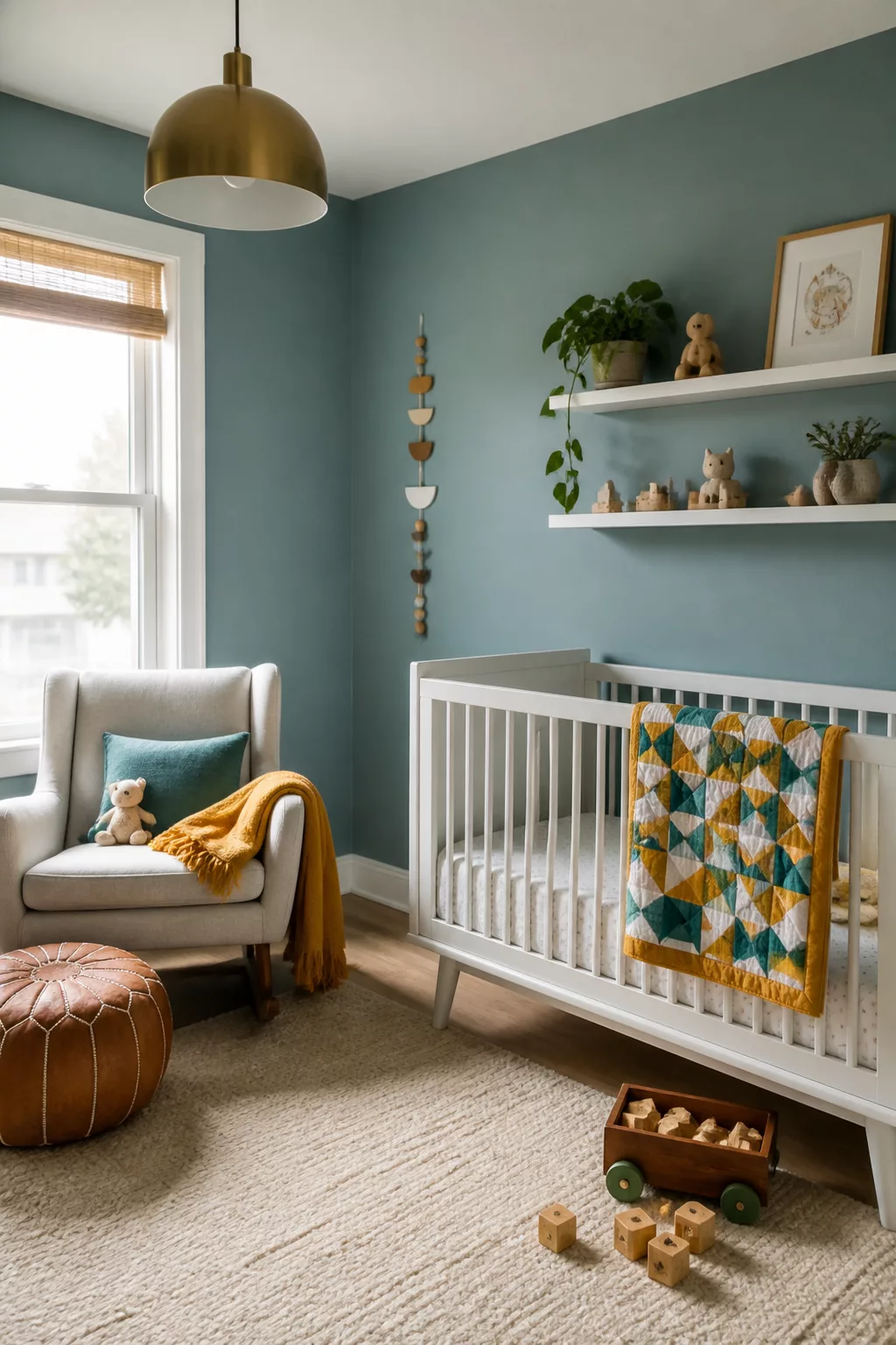 Dusty teal nursery paint color with white crib, patchwork quilt, and brass pendant light in a cozy baby room.