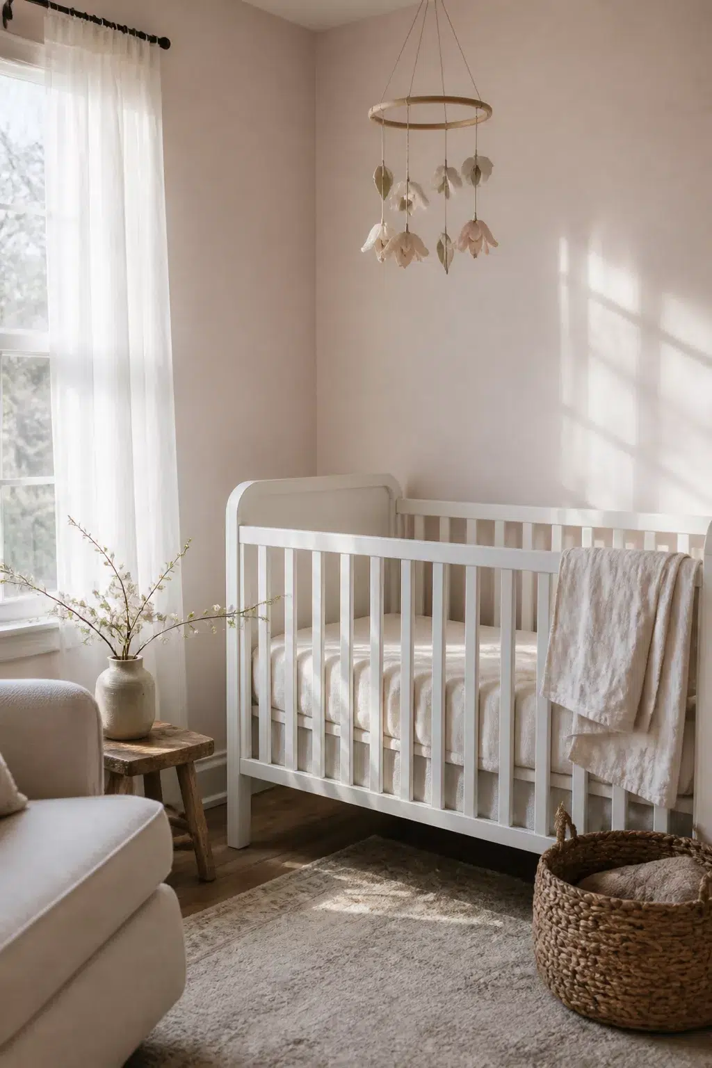 Barely-there blush nursery paint color with white crib, botanical mobile, and natural textures in a soft baby room