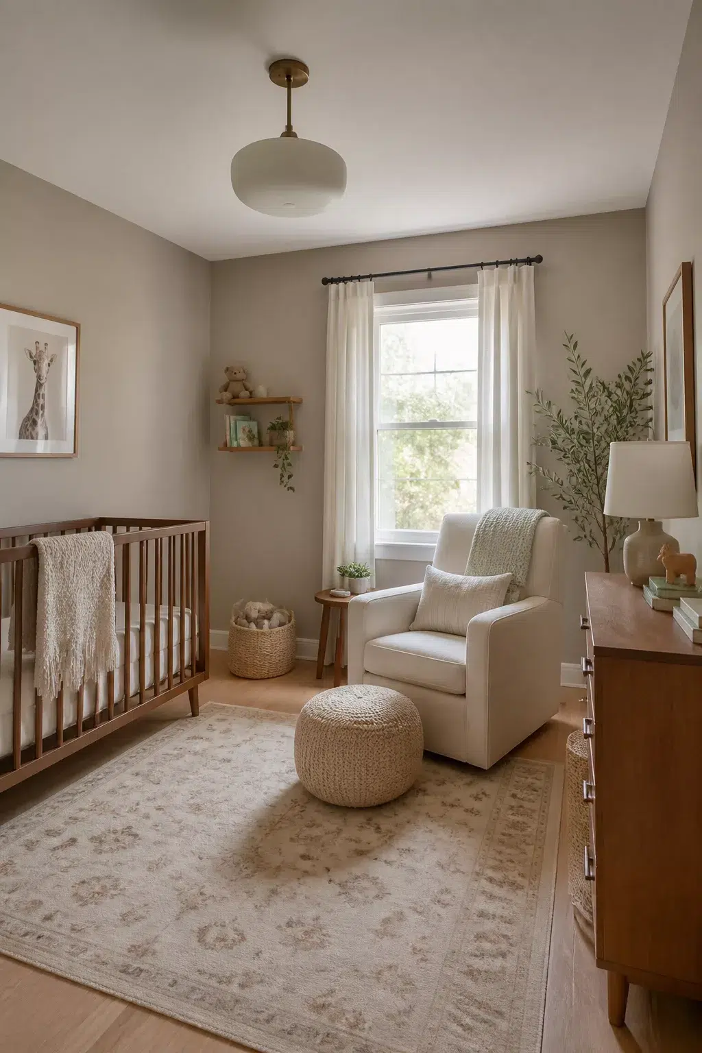 Warm greige nursery paint color with wood crib, linen glider, and brass pendant light in a cozy baby room.