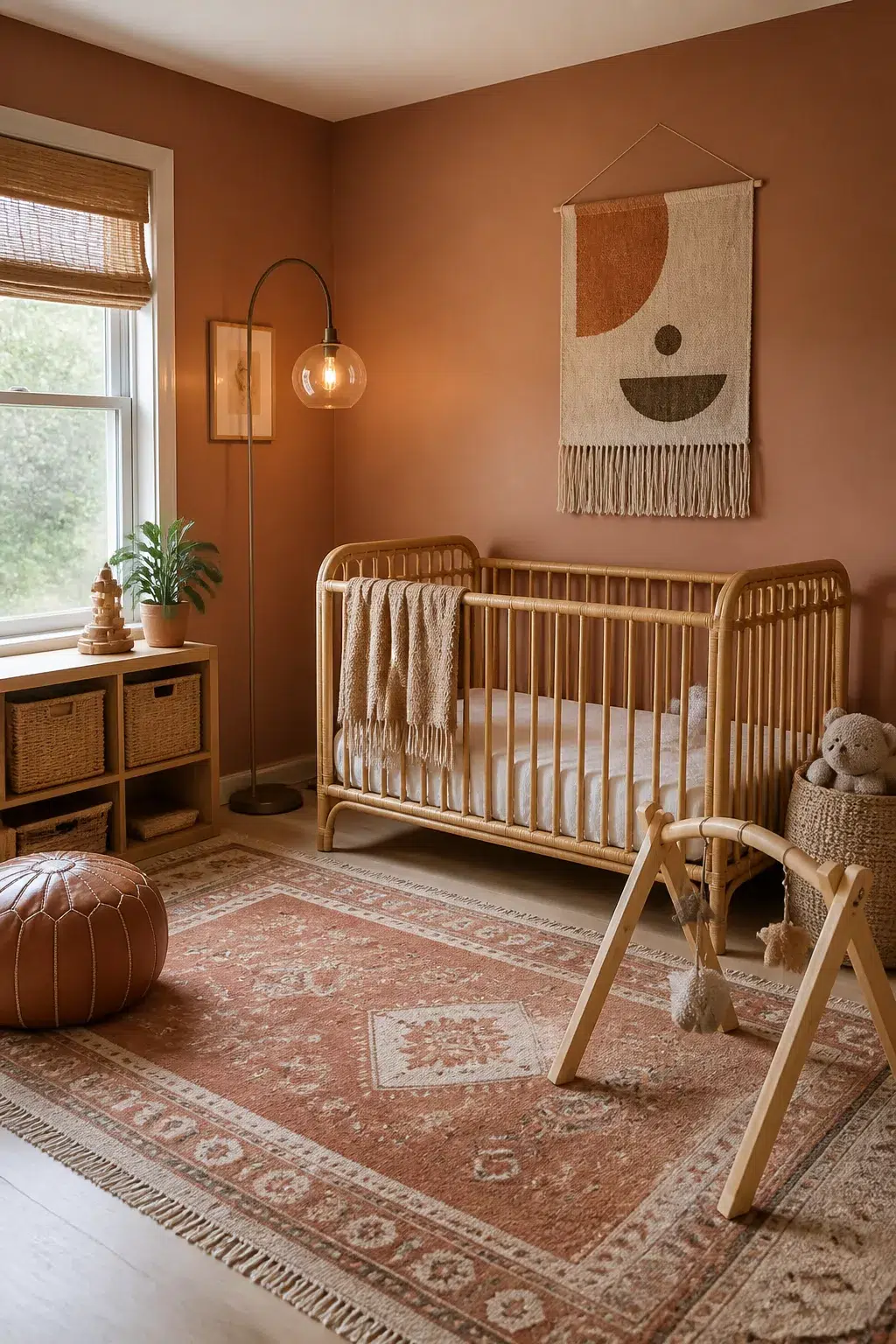 Muted terracotta nursery paint color with rattan crib, boho rug, and woven wall art in a cozy baby room.