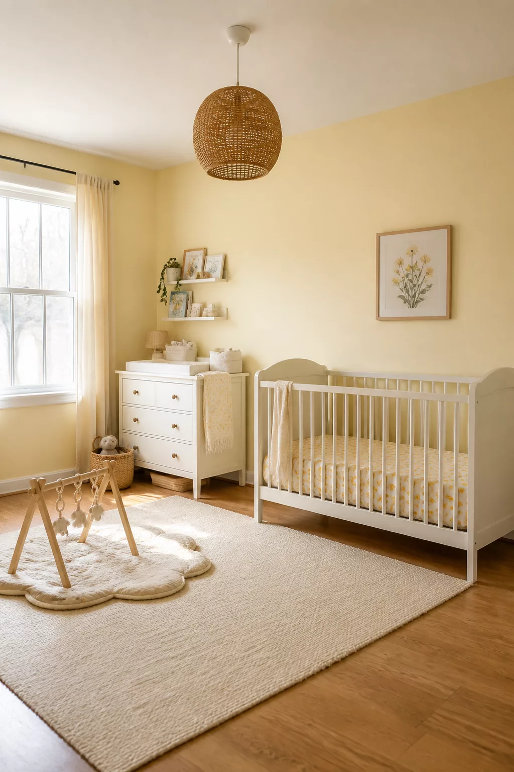 Soft butter yellow nursery paint color with white crib, woven pendant light, and natural wood floor