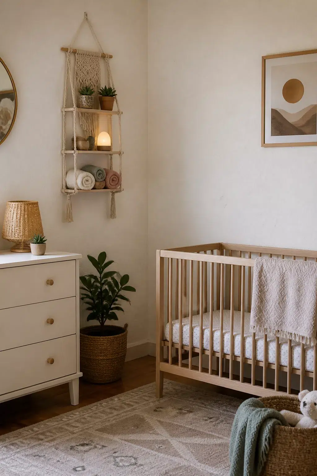 Boho nursery storage using a macrame hanging shelf with rolled blankets and plants above a white dresser