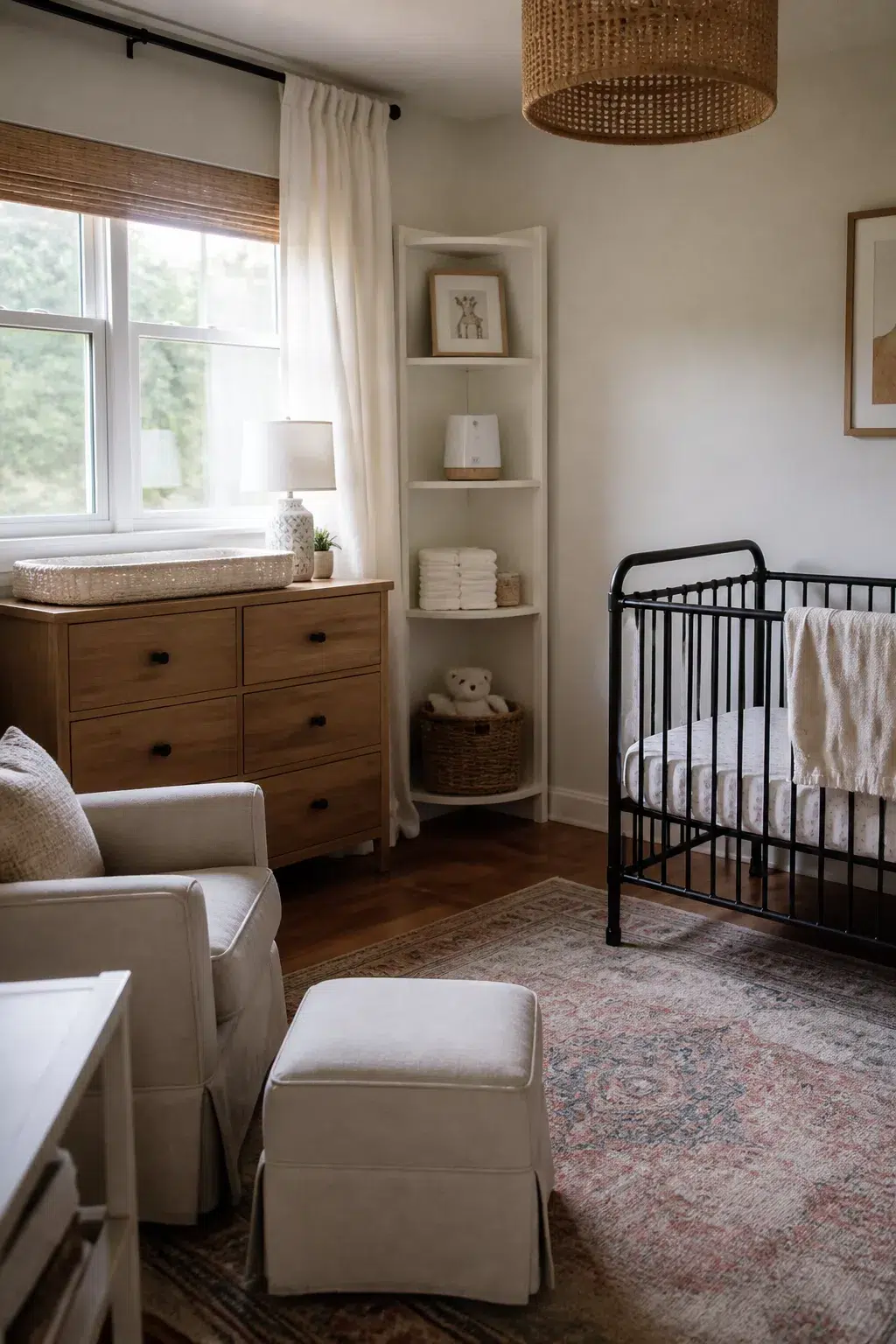 White corner shelf unit with nursery storage next to wood dresser and black iron crib in neutral baby room
