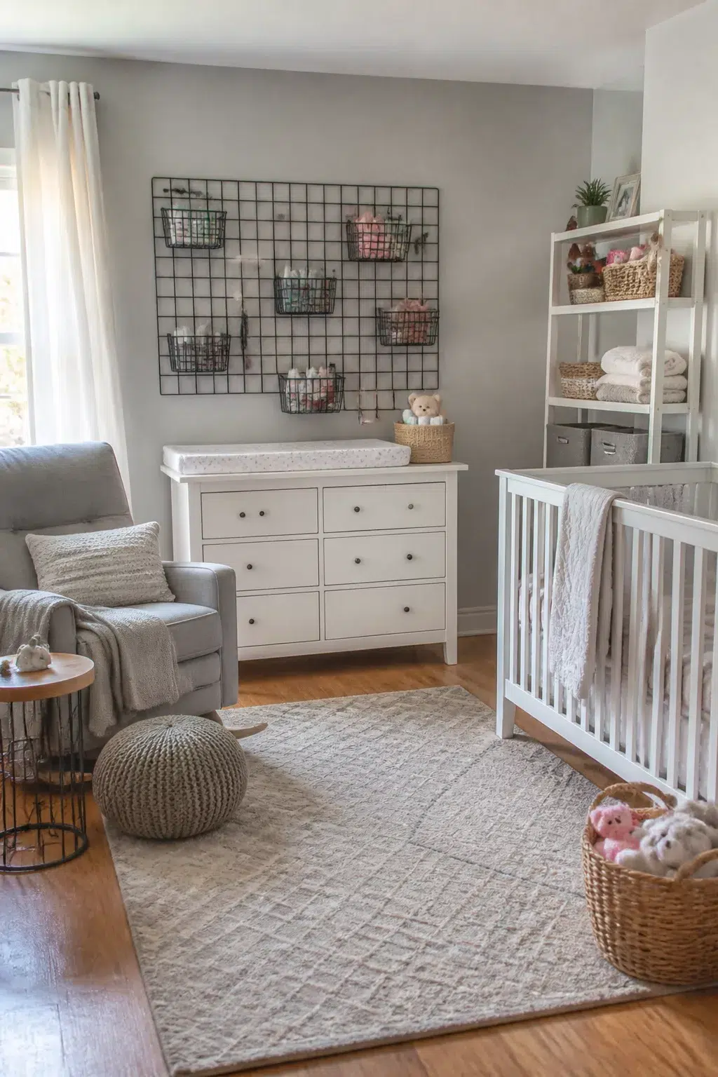Baby nursery storage using a black wire wall grid with hanging wire baskets above a white changing dresser