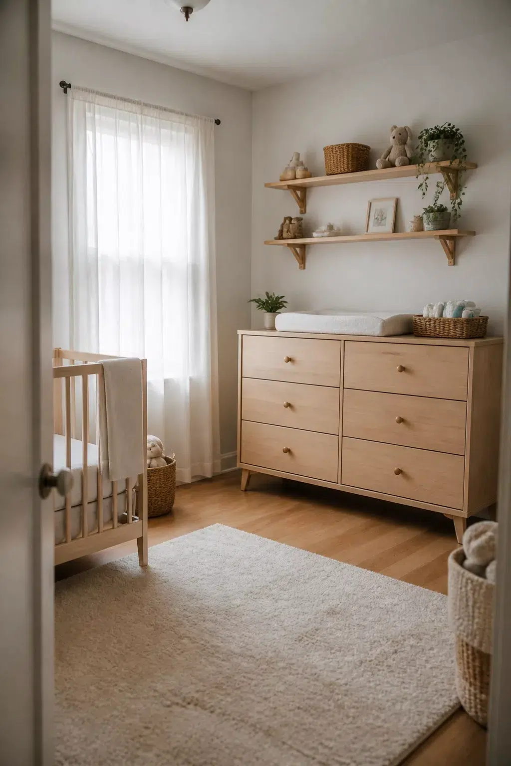Light wood dresser-changing table combo with floating shelves — nursery storage ideas for small baby rooms