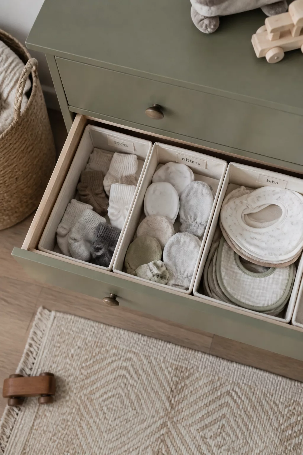 Labeled fabric drawer inserts for socks, mittens, and bibs inside a sage green dresser — nursery storage ideas