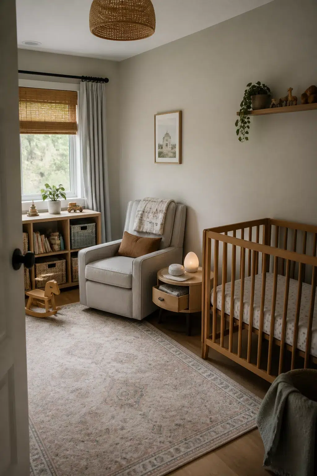 Nursery storage ideas: glider nightstand with hidden drawer, open bookcase, and floating shelf in a warm neutral baby room.
