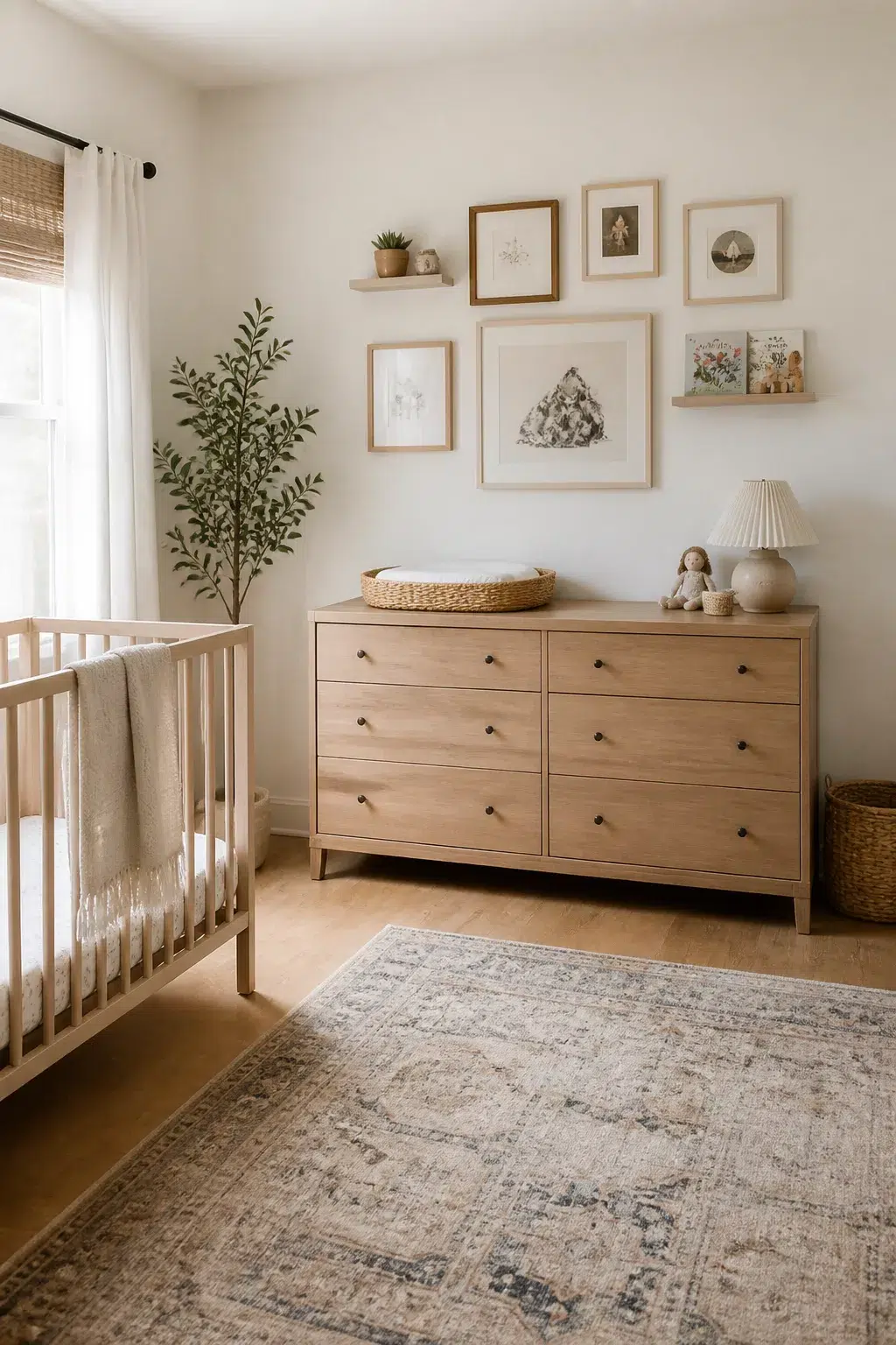 Nursery storage ideas with a mixed-frame gallery wall, picture ledge, and light wood dresser in a soft neutral baby room.