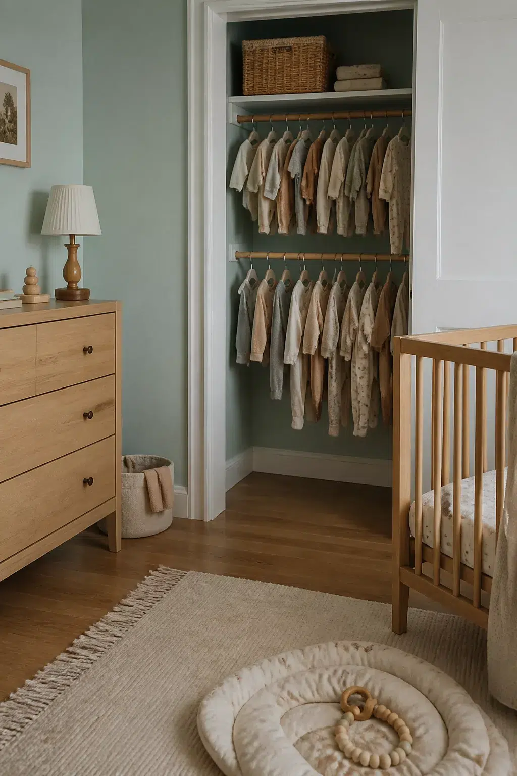 Double closet rod nursery storage idea with sage green walls, baby clothes hanging, and wicker basket on shelf.
